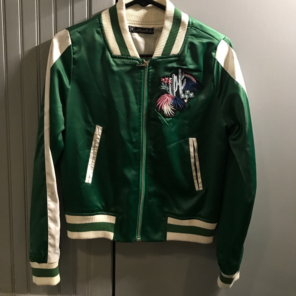 Green and white satin bomber jacket